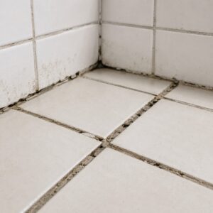 Corner of a tiled floor meeting wall tiles, with dirty grout and grime along the edges and baseboard area.
