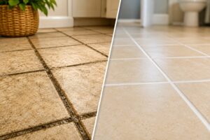 Side-by-side view of a tiled floor: left shows dirty grout and grime; right shows clean, bright tiles.